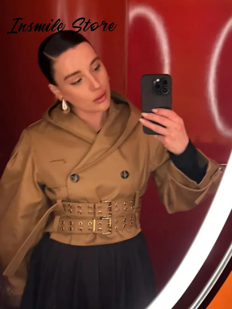 Street Hooded Double-buckle Belt Short Jacket Double Breasted Long Puff Sleeves Khaki Coat 2025 Autumn Lady Chic Outwear New