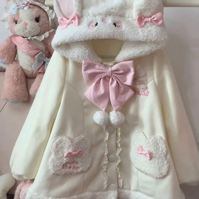 Harajuku Kawaii Sweet Lolita Coat Women 2026 Autumn Winter Pink Jackets Casual All-match Thicked Warm Tops Mujer