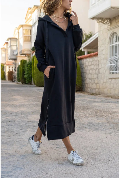 Autumn and Winter Fashion New Women's Warm and Loose Hoodie Dress Commuting Style Casual Hooded V-neck Slit Hoodie Long Skirt