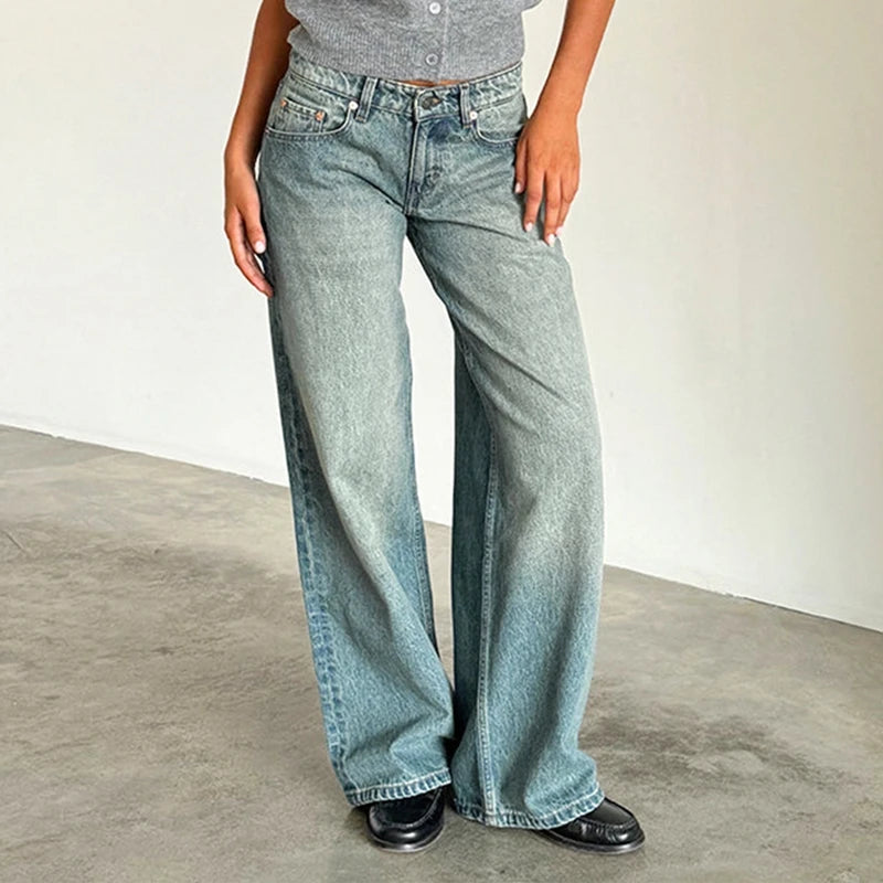 Maemukilabe Women Y2K Aesthetic Low Rise Baggy Jeans Loose Fit Boyfriend Straight Wide Leg Denim Pants Trendy Stretch Trousers