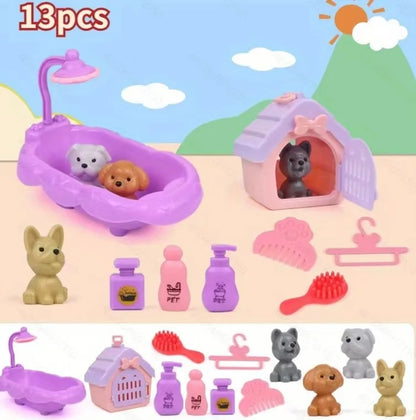 Dog Doll Set Puppy Pretend Play Toys Children Play House Accessories Pet House Scene Games Toys Kids Sensory Dog Pet Basket Toys