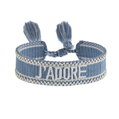 Rhinestone Embroidery Woven Bracelets Adjustable Rope Stackable Bangle For Women