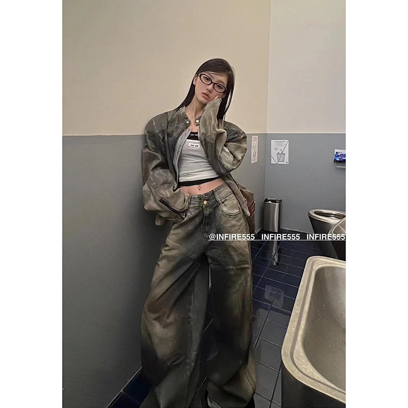 2024 Retro Wide Leg Jeans girl Women Autumn Winter Y2K American Casual High Waist Loose Look Slimming Straight Leg Dragging