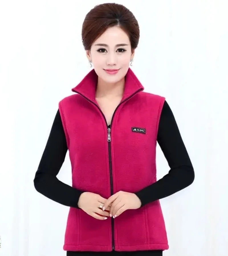 Autumn Winter Women Fashion Stand Up Polar Fleece Vest For Women's Solid Warm Lady Sleeveless Jacket
