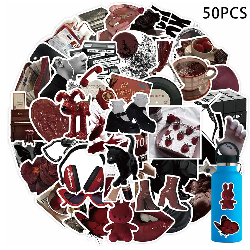 50 Pieces Red & Black Themed Stickers - Decorative Decals for Journals, Phone Cases & Laptops BulingBulingStickers Store