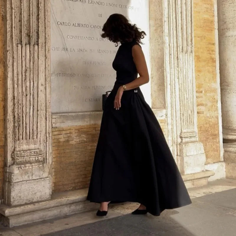 Elegant Oblique Collar Pleated A-line Dress Women Fashion Solid Sleeveless Slim Long Dresses Female 2024 New Evening Party Gowns