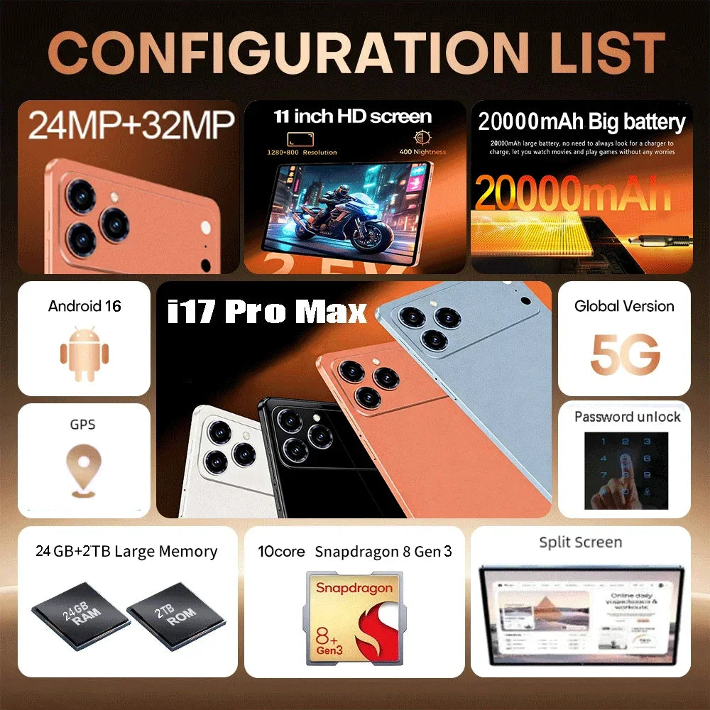 2026 Pad 17 Pro Max Tablet PC 11 Inch 24GB 2T Android16 Snapdrago 8gen3 5G Dual SIM Call WIFI 20000mAh Tablet Face Recognition
