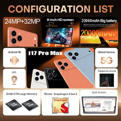 2026 Pad 17 Pro Max Tablet PC 11 Inch 24GB 2T Android16 Snapdrago 8gen3 5G Dual SIM Call WIFI 20000mAh Tablet Face Recognition
