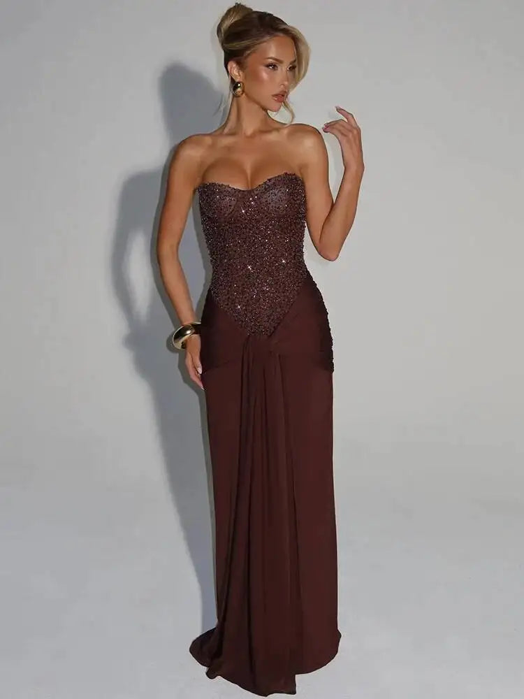 Mozision Sparkle Off-shoulder Sexy Maxi Dress Women Elegant Glitter Strapless Backless Sleeveless Draped Ruched Club Party Dress