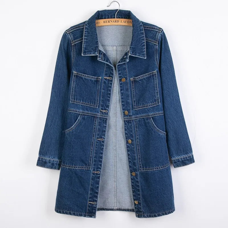 Women Denim Jackets Spring Autumn Long Sleeve Pockets Mid-Length Jean Coat 2024 Fashion All Matched Outerwear