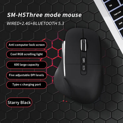 Lenovo 3 Mode Wireless Mouse Bluetooth 5.3+2.4G+Wired Ergonomic RGB Gaming Mouse with Macro Keys Rechargeable for Office Gaming