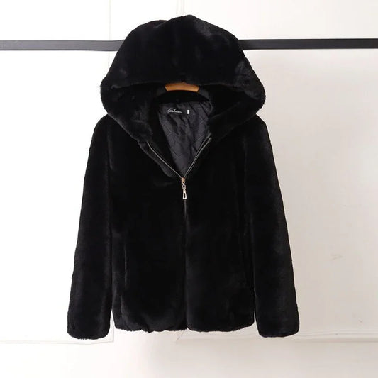 Lucyever High Quality Faux Rabbit Fur Hooded Coat Women Black Luxury Faux Fur Jacket Female Winter Zip Thick Warm Furry Coats