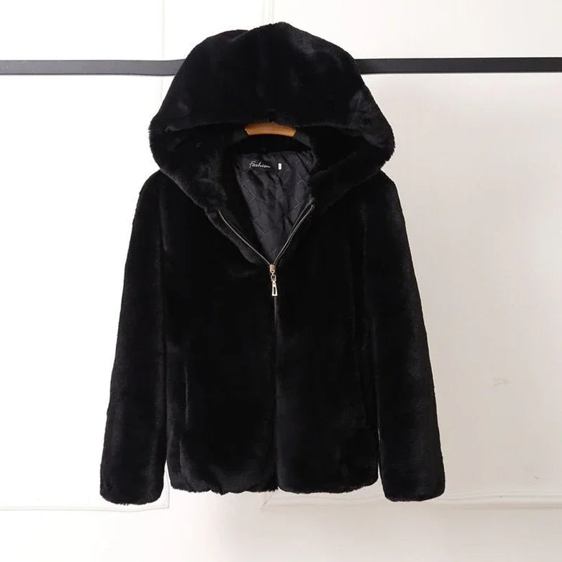 Lucyever High Quality Faux Rabbit Fur Hooded Coat Women Black Luxury Faux Fur Jacket Female Winter Zip Thick Warm Furry Coats