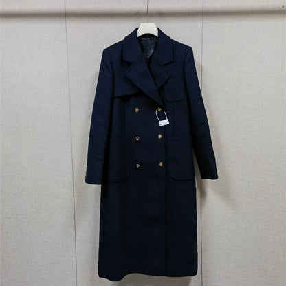 Women Dark Blue Double Breasted Long Straight Jacket Turn-Down Collar Long Sleeve Ladies Temperament Coat 2025 Winter New
