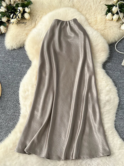 SINGREINY Senior Solid Satin Skirt Elastic Waist 2025 Newest Frence Elegant Women Fashion Basics Office Lady Skinny Midi Skirt