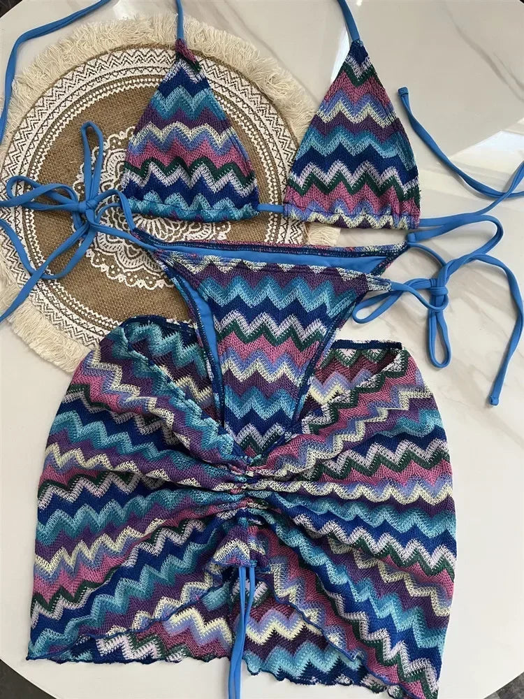 2025 Women Swimsuit Colored Maple Leaves Knitted Bikini Skirt Three-Piece Set Split Swimsuit Bikini