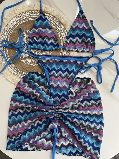 2025 Women Swimsuit Colored Maple Leaves Knitted Bikini Skirt Three-Piece Set Split Swimsuit Bikini