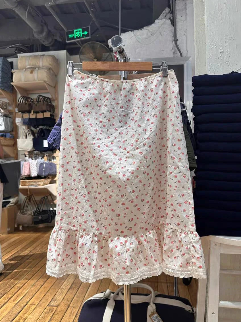 Red Floral Midi Skirts Woman Summer Lace Trim A-line Long Faldas Female New Preppy Style All-match Sweet Cute Cotton Skirts Y2k