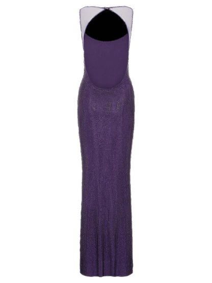 DEAT Fashion Rhinestone Purple Spaghetti Strap Evening Dress Women's Slim Backless Ankle-length Dresses New 7A2294
