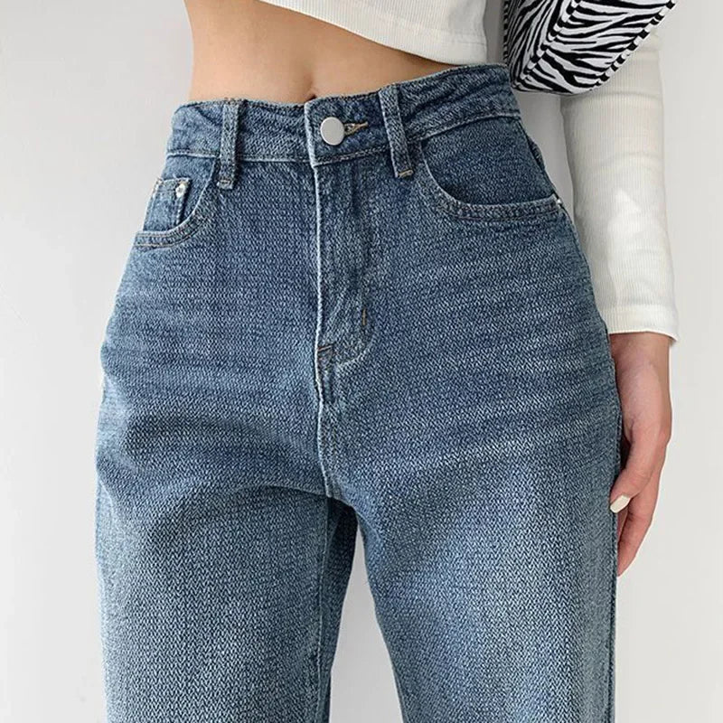 2025 Women Baggy High Waisted Jeans Pants Girls Straight Leg Casual Denim Pants Lady Fashion Dark Blue Jeans Trousers