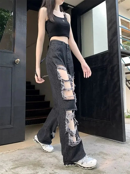New Broken Hole Jeans All-Match Distressed Women High Street Hip Hop High Waist Straight Loose Trousers Y2k Washed Mopping Pants
