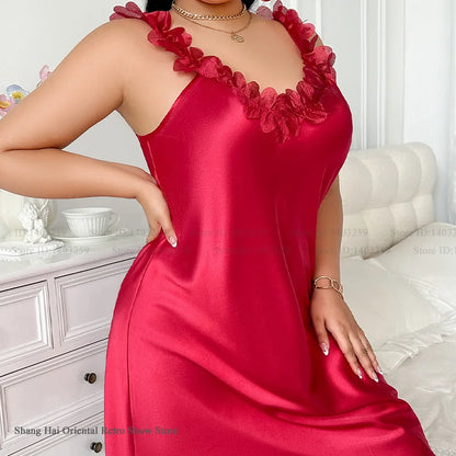 Plus Size Nightgown Sexy Women Sleepwear Lingerie Sexy Patchwork Lace Suspender Night Dress Homewear Silk Satin Loungewear 5XL