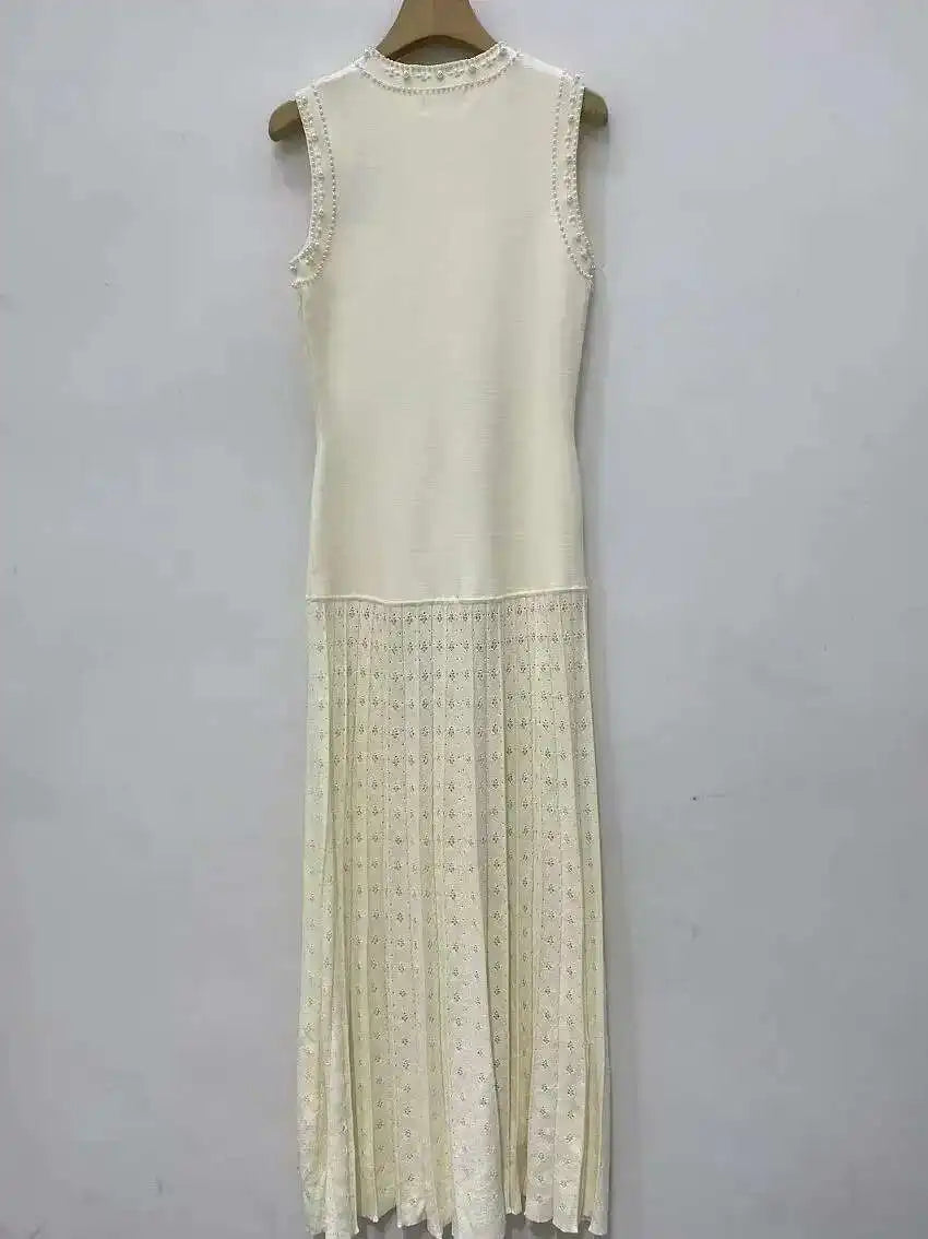 Pearls Decorated Women Round Neck Sleeveless Splicing Knitted Sweater Dress Elegant Or Short Knitted 2025 Spring New Women P8QA