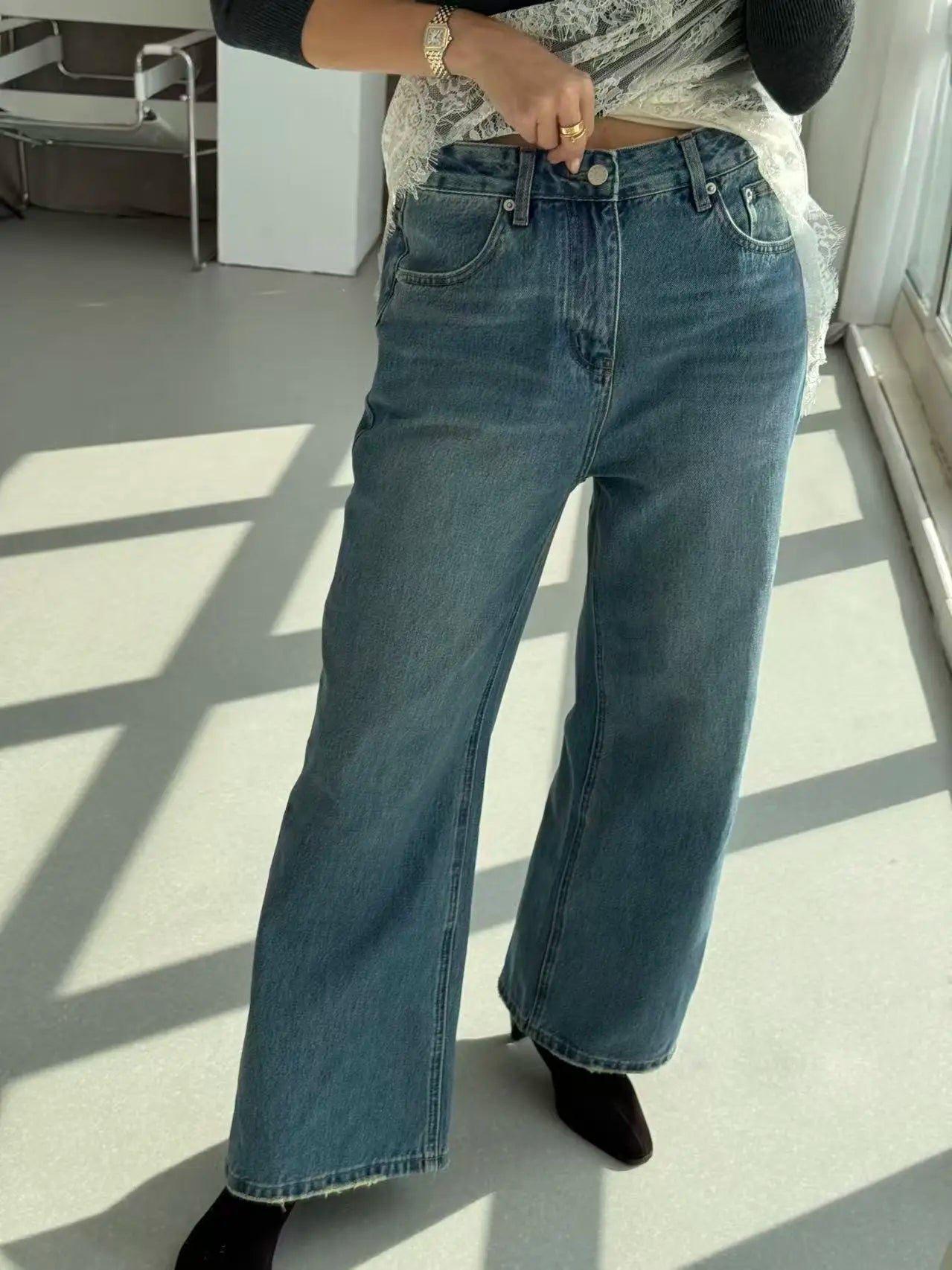 Women Retro High Waist Straight Leg Jeans
