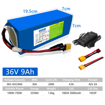 36V 18AH 15AH 12AH 9AH Rechargeable Lithium Battery Pack 100-1300W Electric Motorcycle Scooter Bicycle with BMS Battery Pack