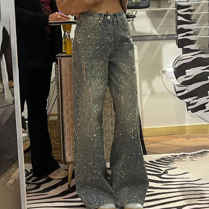 New Women's Perrusted Jeans, Starry Sky Patchwork Denim Trousers Spring Autumn Female Design With A Shiny Floor-length Pants