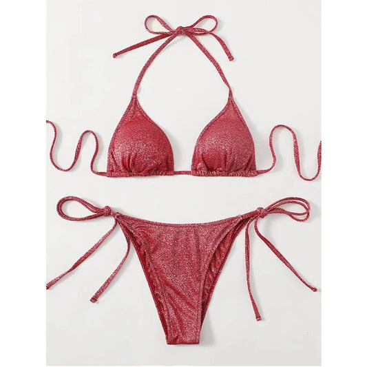 2025Sexy Bikini Set Shiny Triangle Bikinis Bandage Swimsuit Women Two Piece Swimwear Summer Biquini New Beachwear Push Up Bikini
