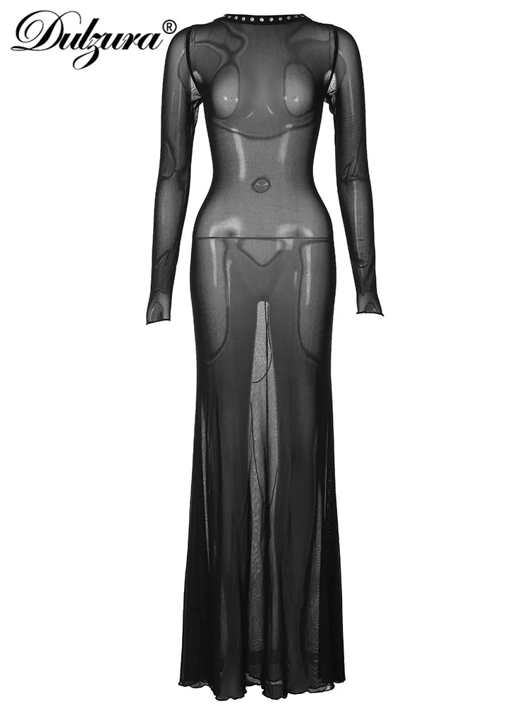 Dulzura 2023 Summer Solid See Through Maxi Backless Back Straps Dress Long Sleeve Edible Tree Fungus Party Birthday Y2K
