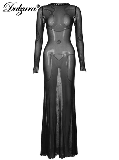 Dulzura 2023 Summer Solid See Through Maxi Backless Back Straps Dress Long Sleeve Edible Tree Fungus Party Birthday Y2K
