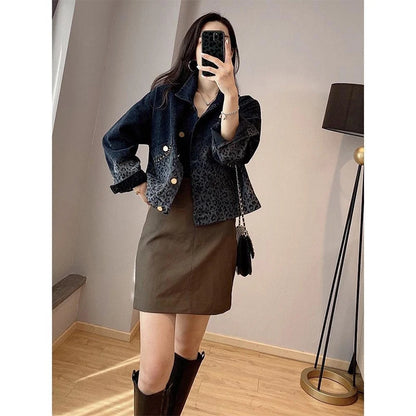 Autumn Winter Streetwear Vintage Leopard Print Denim Coat Ladies Harajuku Y2K Casual Fashion All-match Jacket Women Outwear Top