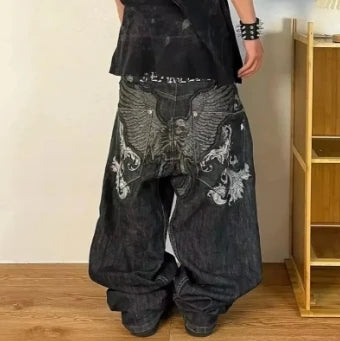 Europe and The United States Diablo Cropped Jeans Women New High Street in Summer To Do Old Creases Patch Wide Leg Pants Unisex