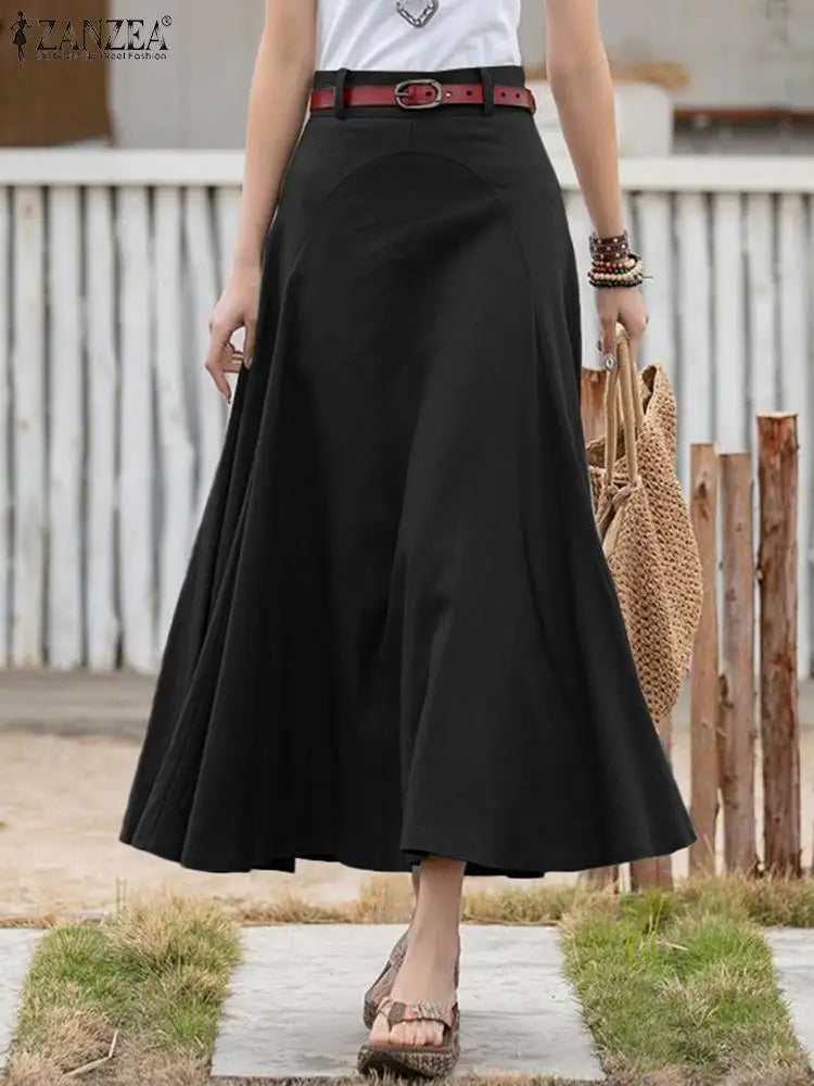 ZANZEA 2024 Summer Casual Midi Skirts Women A-line Oversized Patchwork Skirt Solid Color Bottom Ladies Zipper High Waist Skirt