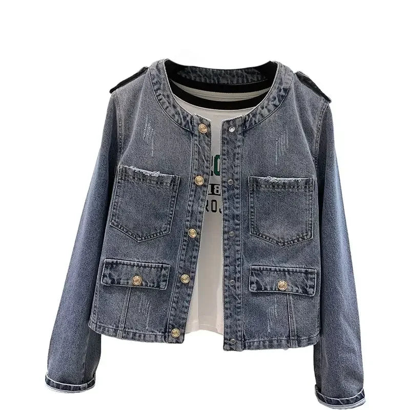 Crew Neck Denim Jacket Long Sleeve Women Single-breasted Retro Korean Fashion Coat Autumn Short Tops Casual Chic Cardigan