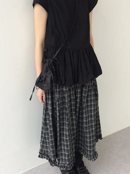 Korean Sle A-Line Midi Skirt Women's Summer 2025 Vintage Versatile High Waist Plaid Lace f-length Skirts