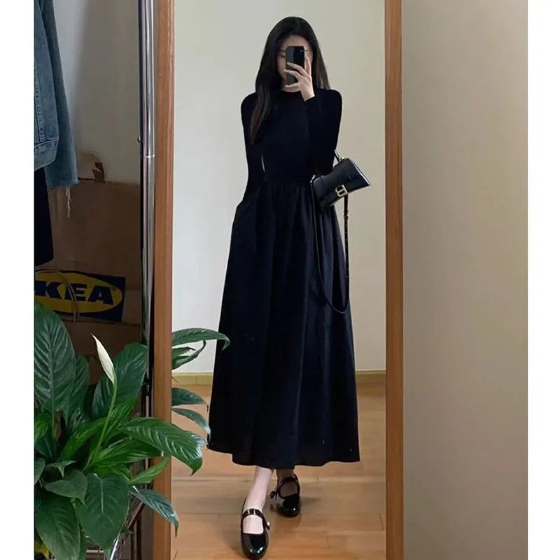 Lucyever French Style Black A-Line Dresses Women Elegant High Waist Long Sleeve Midi Dress Autumn Winter Slim Fit Maxi Dress