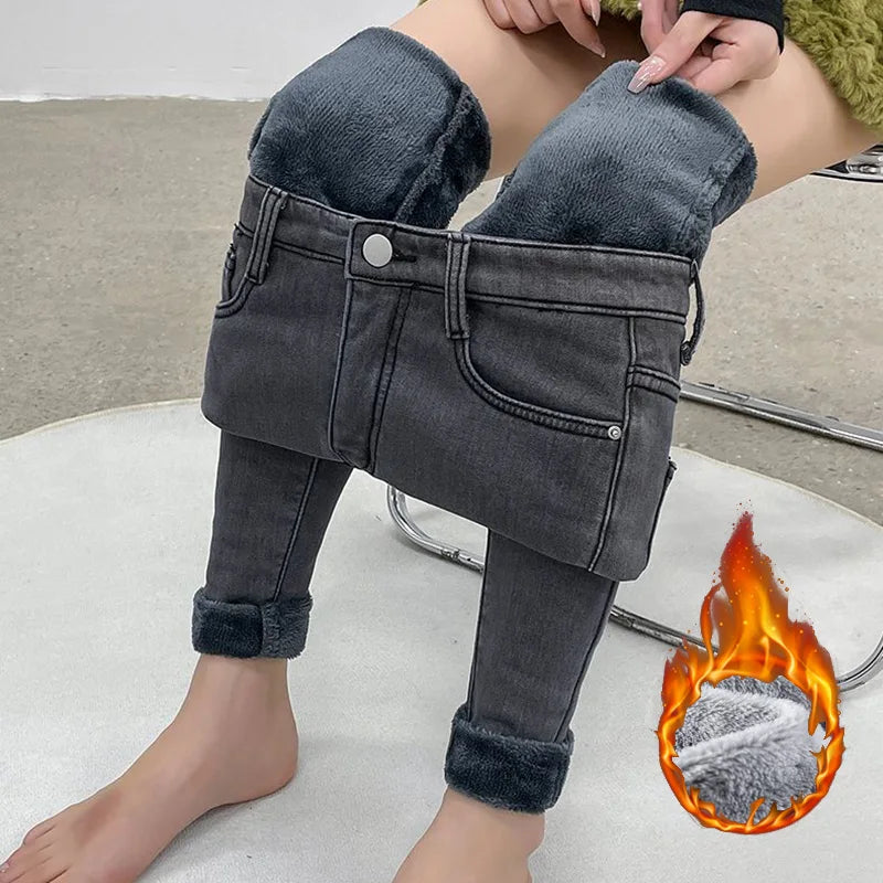 Winter Women Chic Fleece Thermal High Waist Jeans Lady Snow Warm Plush Denim Pants Girls Classic Fashion Straight Leg Trousers