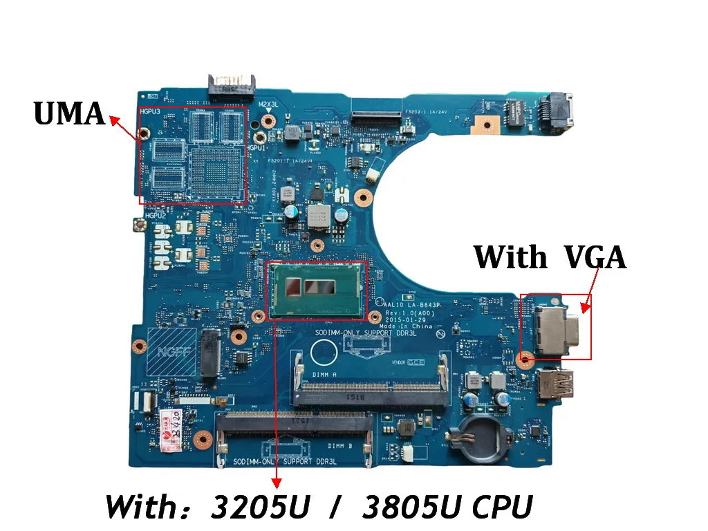 AAL10 LA-B843P For Dell inspiron 14 5458 15 5558 17 5758 Laptop Motherboard With i3 i5 i7 CPU UMA  920M GPU DDR3L TESTED GOOD