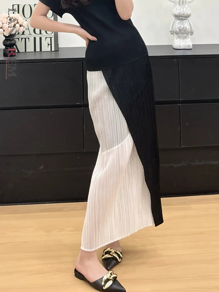 LANMREM Pleated 2025 New Niche Design Women's Skirt Simple High-end Casual Fashion Black And White Colorblock Patchwork Skirts