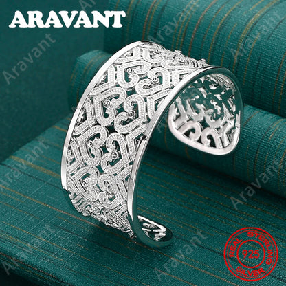 925 Sterling Silver Openwork Heart-Shaped Bangle For Women - Vintage Elegance And Noble Party Jewelry