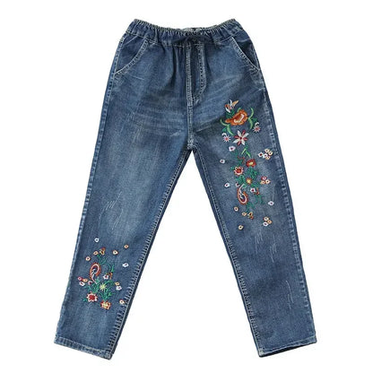Spring New Embroidery Jeans Women Clothing Elastic Streetwear Loose Denim Pants Vintage High Waisted Baggy Mom Jeans Q5759