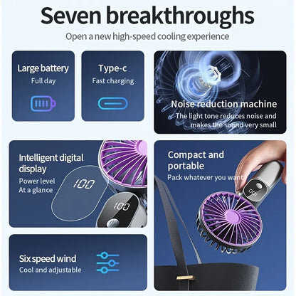 Portable USB Fan 6 Speed Digital Display Foldable 3-in-1 Handheld Neck Desk Fan for Outdoor Travel Home Office Cooling