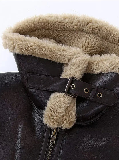 Vintage Furry Leather Women Winter Coats Big Lapel Long Sleeve Zipper Warm Outerwear 2025 Winter Chic Lady Street Short Jackets