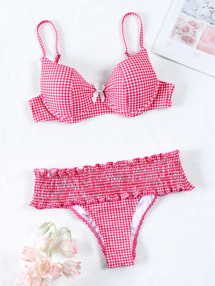 Miyouj Bow Bikinis 2026 Biquin Pleated Swimsuit Women Plaid Print Bikini Set Sexy Swimwear Push Up Beachwear Low Waist Bath Suit