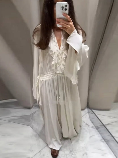 Elegant Solid Flounces Dresses Chic Loose V Neck Full Sleeve Female Long Robes New Lady Summer Commute Vacation Dress 2025