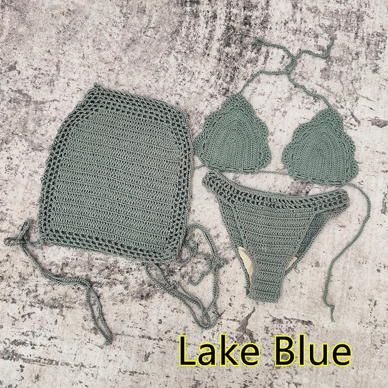 3 Piece Hand Crochet Beach Bikini Set Women Swimwear Cover UP Mini Skirt Swimsuit Suit