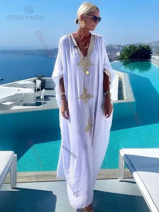 2024 Elegant Gold Embroidered Kaftan Retro V-neck White Dress Plus Size Women Clothes Summer Beach Wear Swim Suit Cover Up Q1373